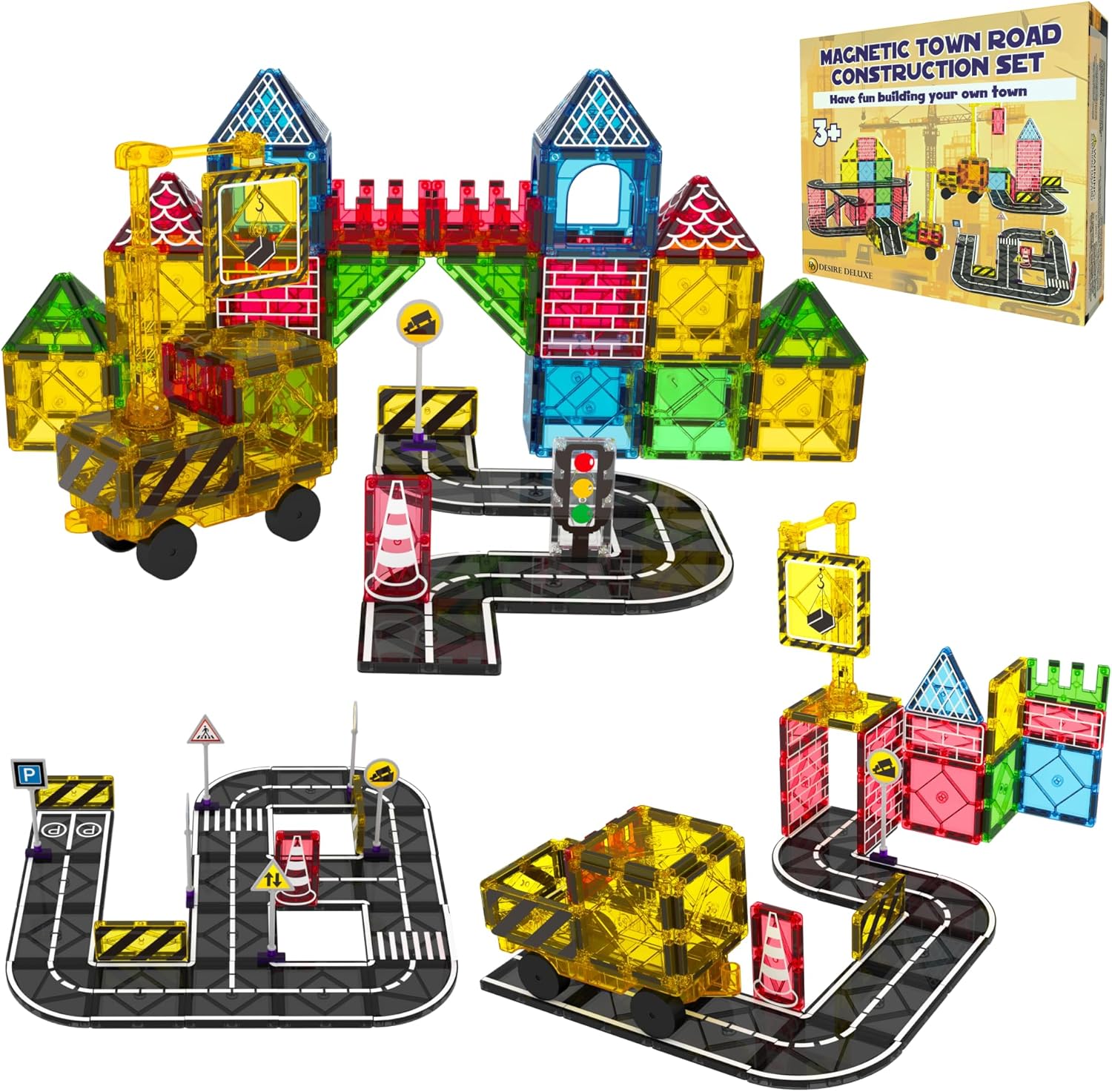 Desire Deluxe Magnetic Building Tiles Road Blocks - Magnet Crane Car Set for Kids, Educational Preschool STEM Learning Montessori Construction Toddler Toy for Boys & Girls 3+ Year