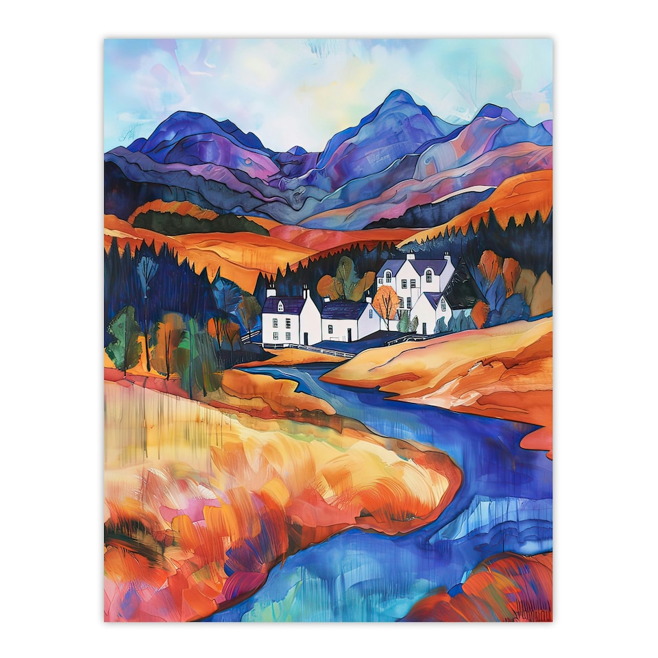 image 1 of Glencoe Mountain Cottages Scottish Landscape Black Framed Wall Art Print A4