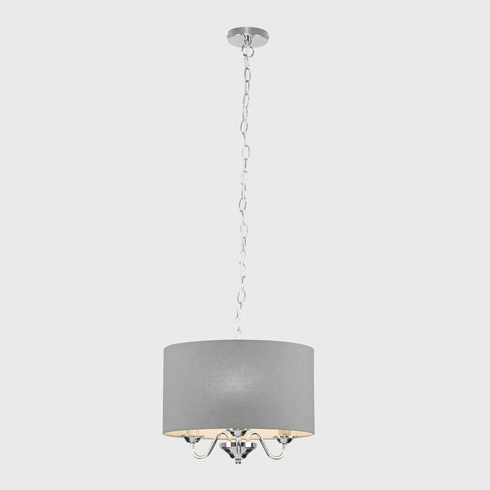 image 1 of ValueLights Modern Chrome 3 Way Curved Arm Grey Linen Slimline Drum Ceiling Light Pendant