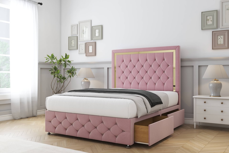image 1 of Sloomy Sofia Gold Pink Plush Divan Bed With Mattress No Drawers With 54" Floor Standing Headboard & 12" Matching Footboard 2'6 Small Single | Pink | Pink | Small Single | 1
