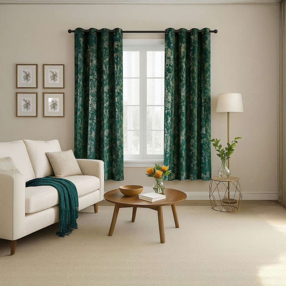 image 1 of Green Gold Foil Blackout Eyelet Curtains - 46x54 Inch Drop - 2 Panel Green