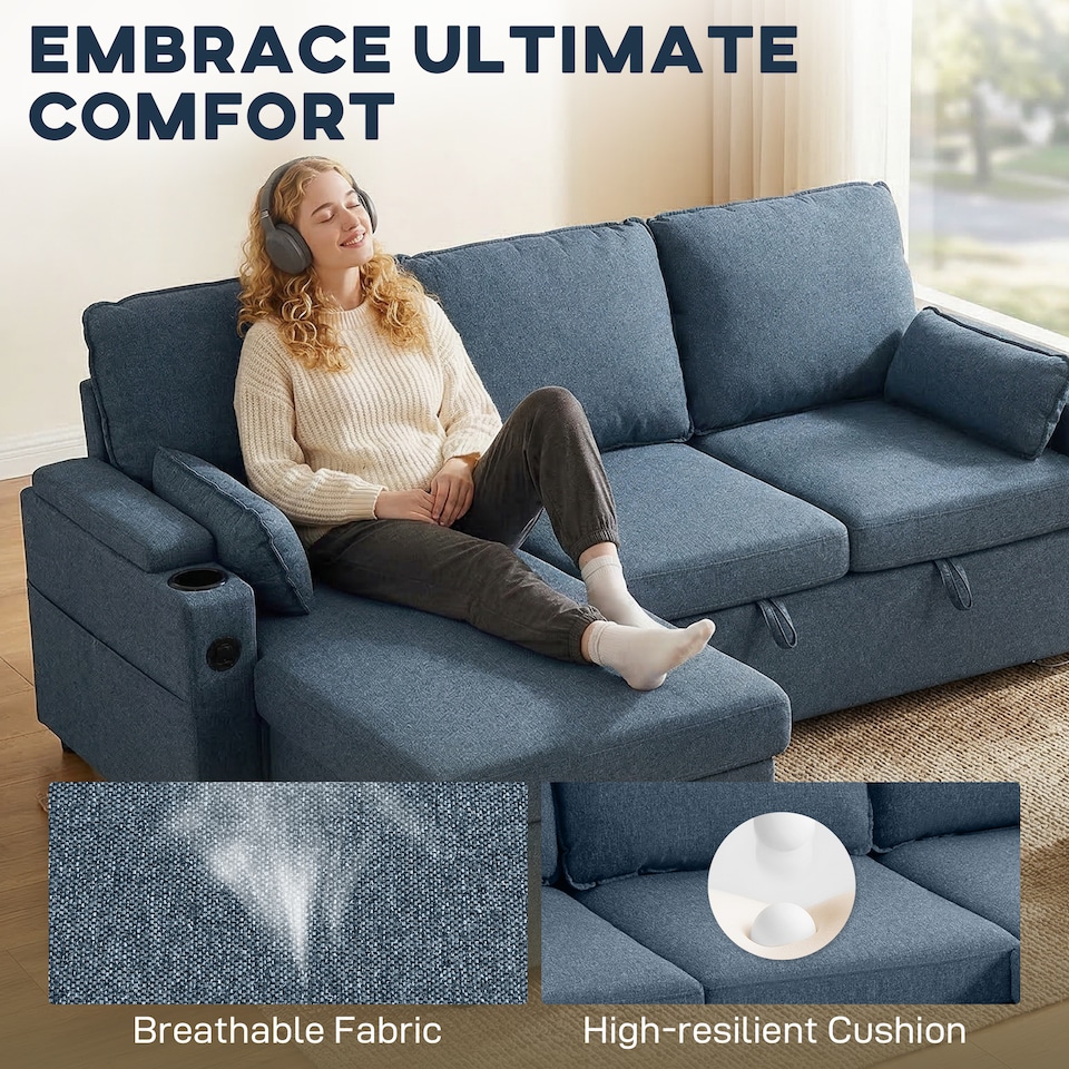 image 1 of HOMCOM Corner Sofa Bed, L Shaped Sofa with Storage Chaise, USB Ports | Blue | Blue | 205W x 136.5D x 85H cm