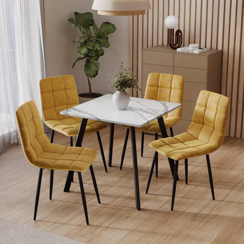 image 1 of 5-Piece Dining Set - 80cm Square Table and 4 Upholstered Velvet Chairs with Metal Legs | White | White Marble & Curly Yellow | 5