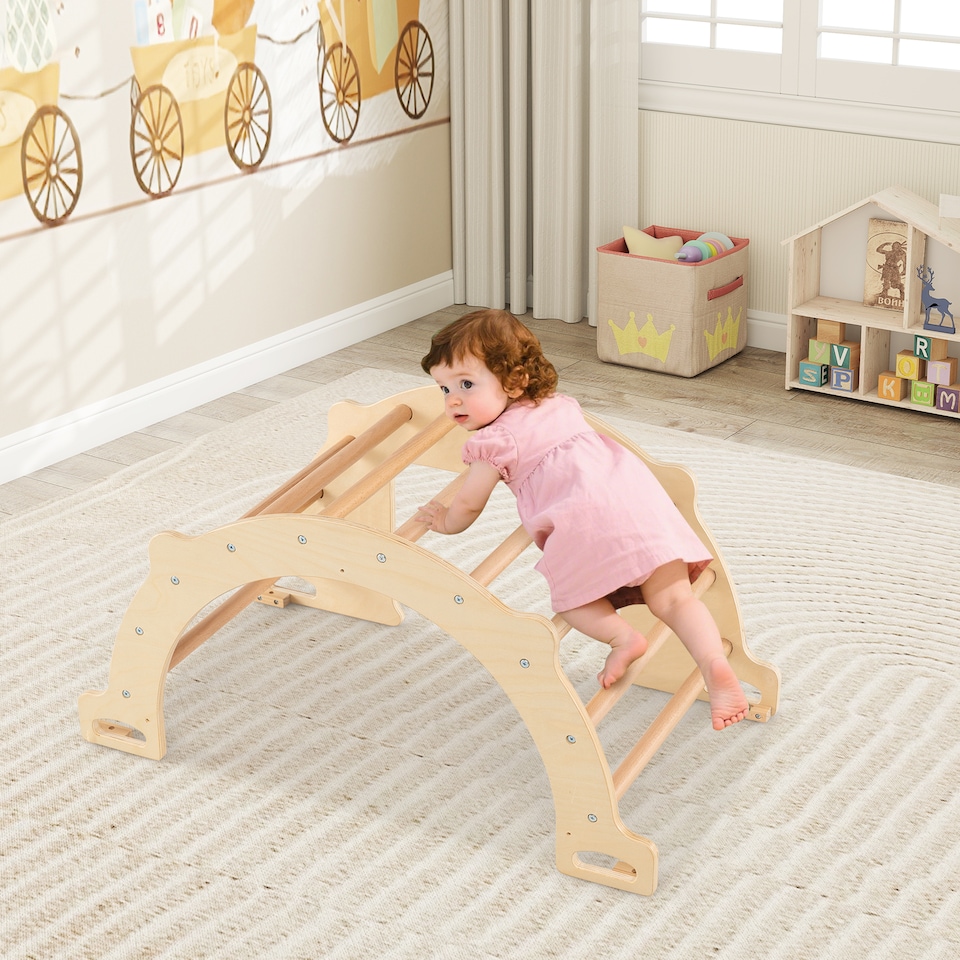 image 1 of COSTWAY Kids Montessori Wooden Climber Toy Climbing Arch Sensory Table-Natural