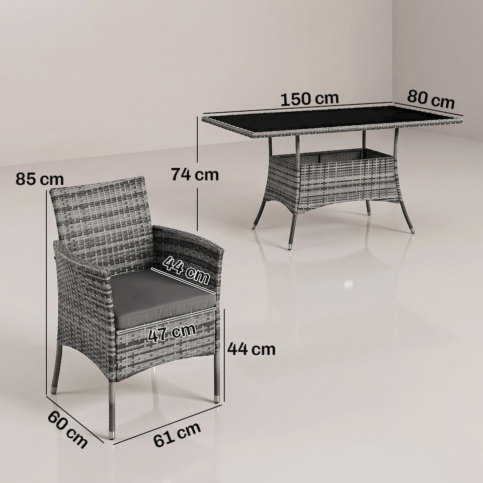 image 1 of Outsunny Rattan Dining Set for 6 with Cushions, Glass Top Table, Grey