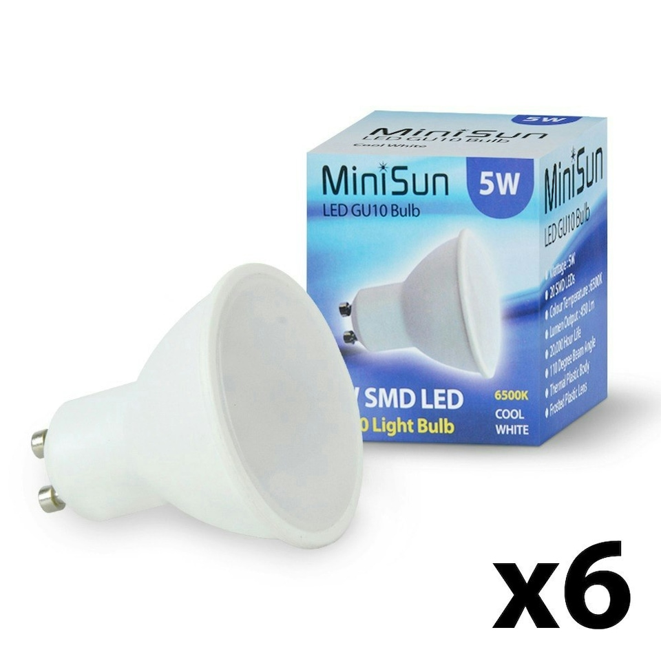 image 1 of ValueLights 6 Pack GU10 White Plastic Spotlight LED 5W Cool White 6500K 450lm Light Bulb