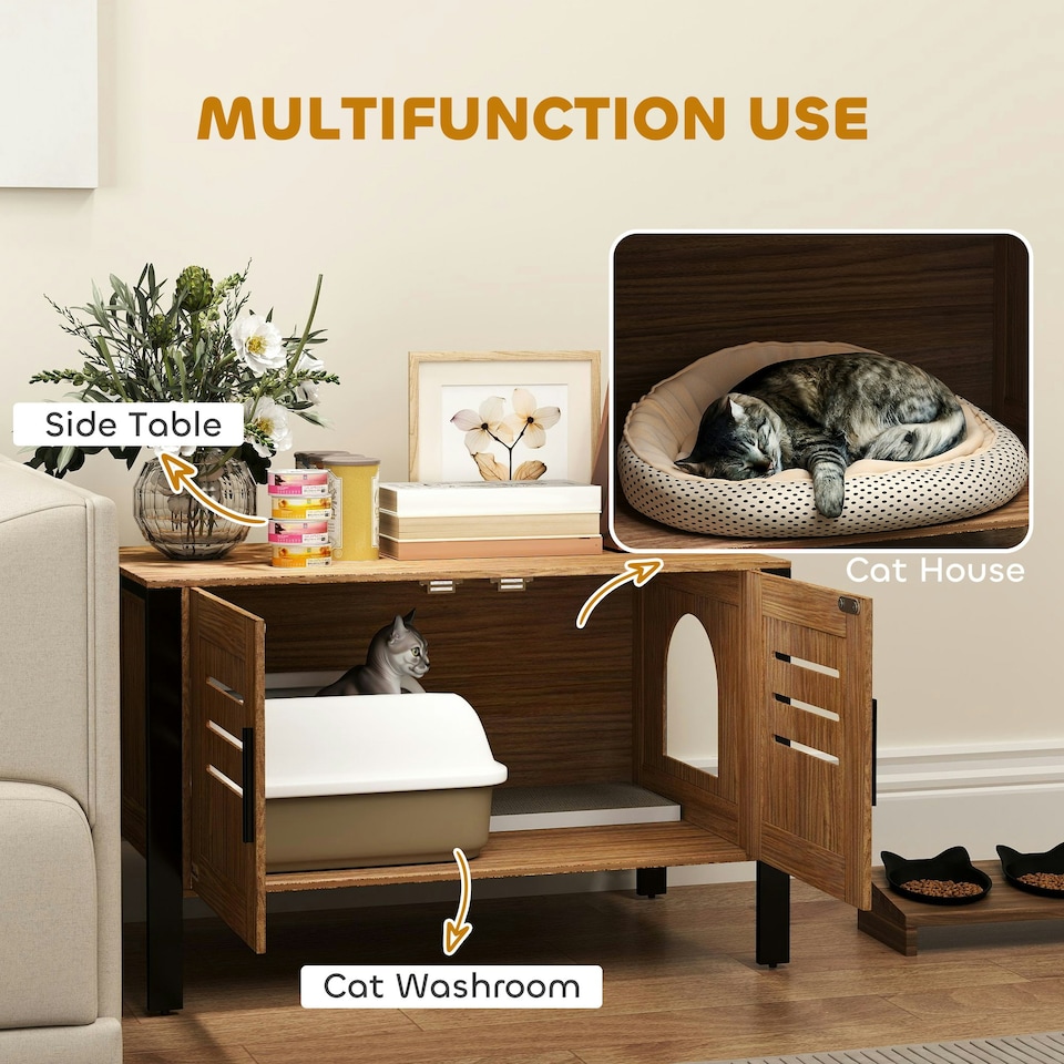 image 1 of PawHut Cat Litter Box Enclosure w/ Tall Legs, Scratching Board, Dark Brown Brown | One Size