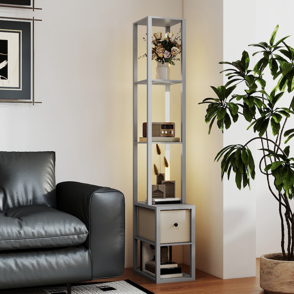 image 1 of HOMCOM Floor Lamp with Shelves, LED Column Modern Standing Lamp with Fabric Drawer, Adjustable Brightness, Foot Switch for Living Room, Bedroom, Office, Grey | Grey