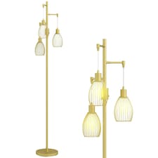 HOMCOM Industrial 3-Light Floor Lamp Dimmable Standing Lamp, Gold 