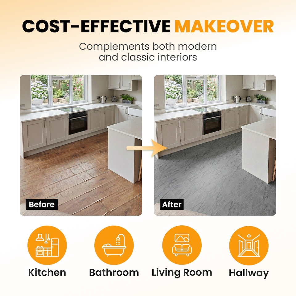 image 1 of Vinyl Floor Tiles Self Adhesive – 30 Pack Covers 30 sqf (2.79sqm) – 12x12in (30.5x30.5cm) Waterproof Peel & Stick Vinyl Flooring for Kitchen, Bathroom & Home | Grey