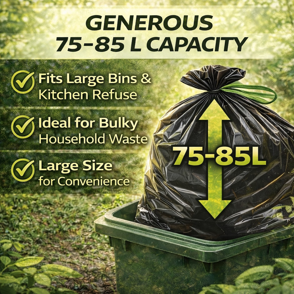 image 1 of Hero Drawstring Black Bin Bags 75–85L – Roll of 12 Heavy Duty Fox Proof Refuse Sacks, Strong Stretchy Tear Resistant Recycled Garbage Bags | Black | Black | 75-85L | 12