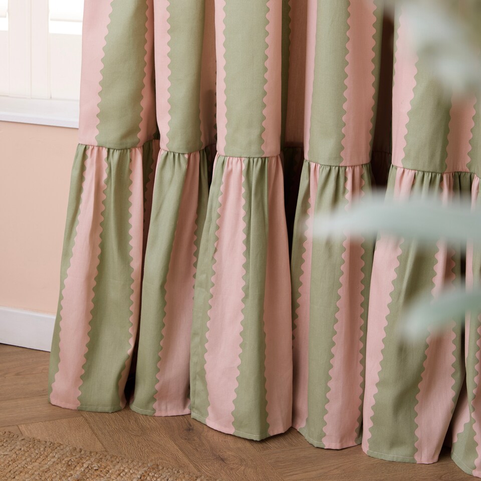 image 1 of Furn Birdie Stripe Fully Lined Ruffle Pencil Pleat Curtain Pair, Pink/Green, (W) 229cm x (D) 137cm