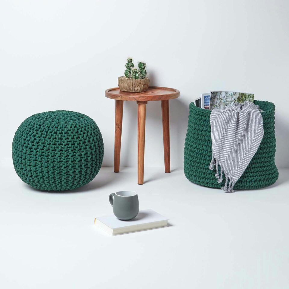 image 1 of Homescapes Forest Green Round Cotton Knitted Pouffe Footstool - 35 x 40 cm | Green | H 35cm x W 40cm