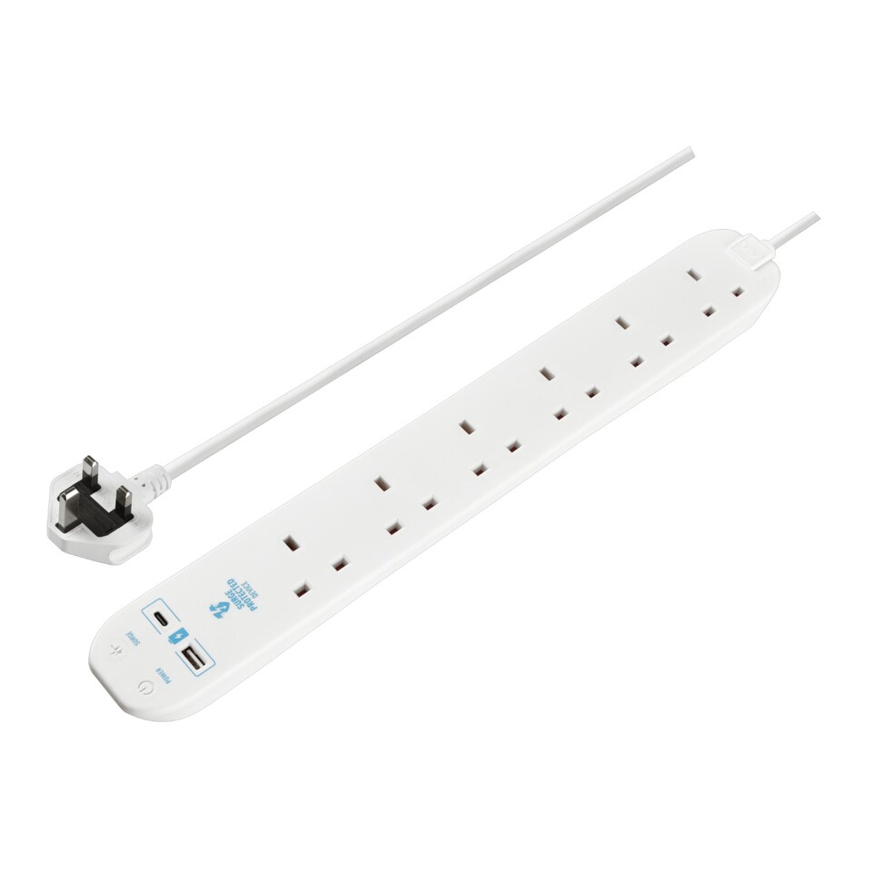 image 1 of Masterplug 6 Socket 2 Metre Surge Protected Extension Lead with USB A and C Ports 13A Power Strip White