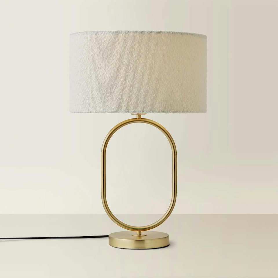 image 1 of ValueLights Antonia Cream Boucle Drum Shade Brushed Gold Oval Table Lamp with LED Bulb | Gold