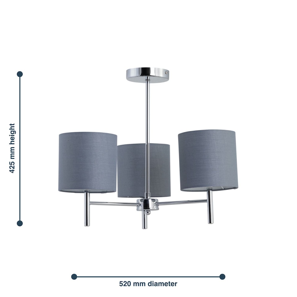 image 1 of Brea - Chrome 3 Light Fitting with Grey Cotton Shade | Chrome | Grey | 1