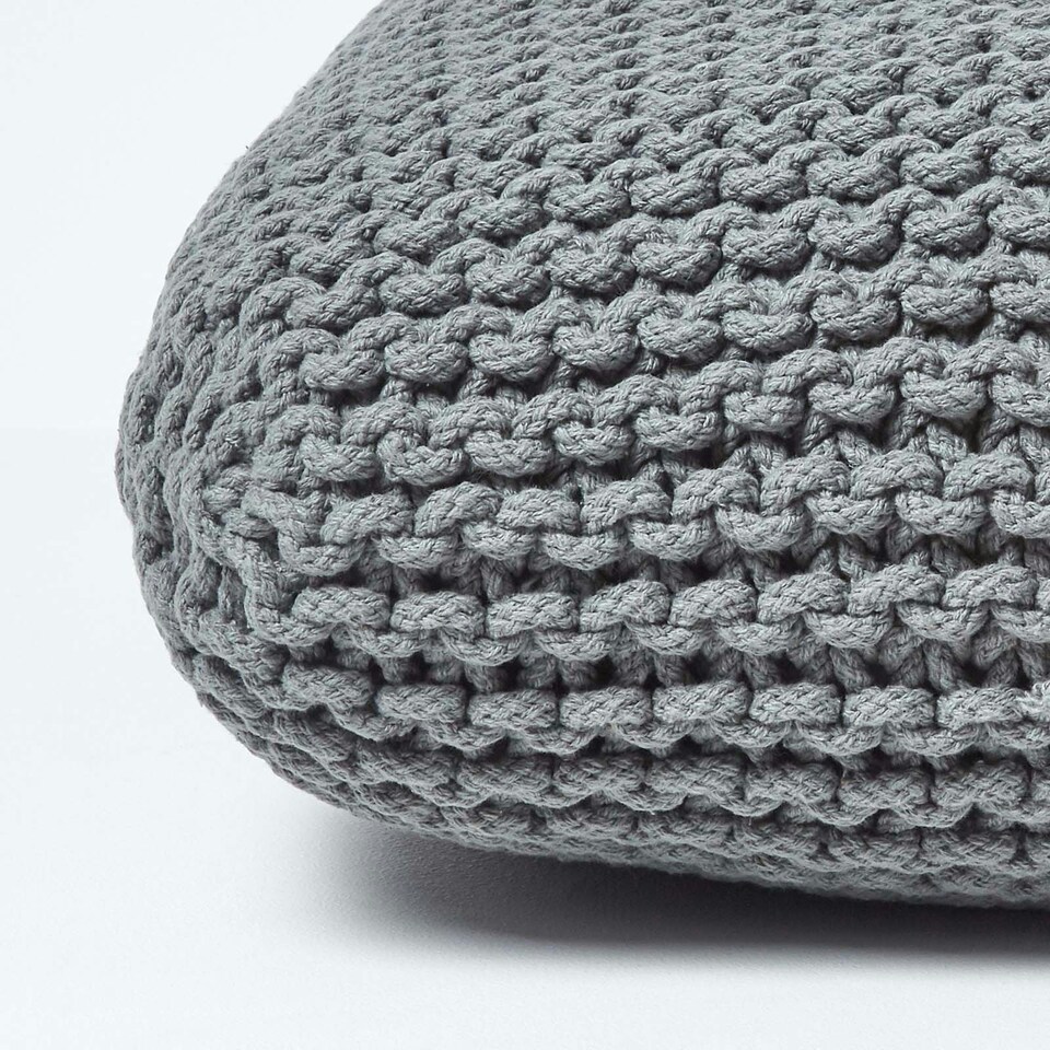 image 1 of Homescapes Grey Square Cotton Knitted Pouffe Floor Cushion