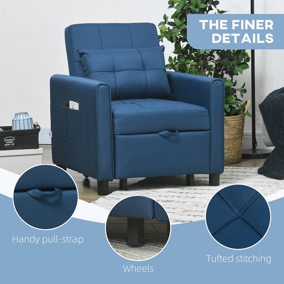image 1 of HOMCOM Pull Out Chair Bed, Sleeper Chair with Pillow, Side Pockets, Blue