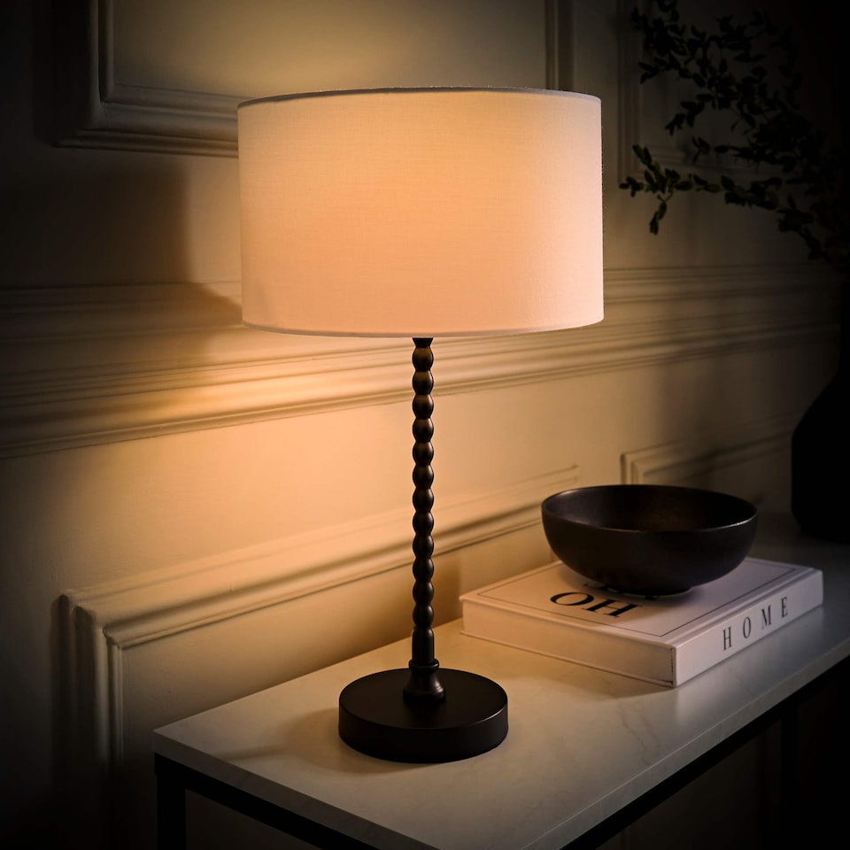 image 1 of ValueLights Maeve White Fabric Drum Lamp Shade Matte Black Bobbin Bobble Table Lamp | Black