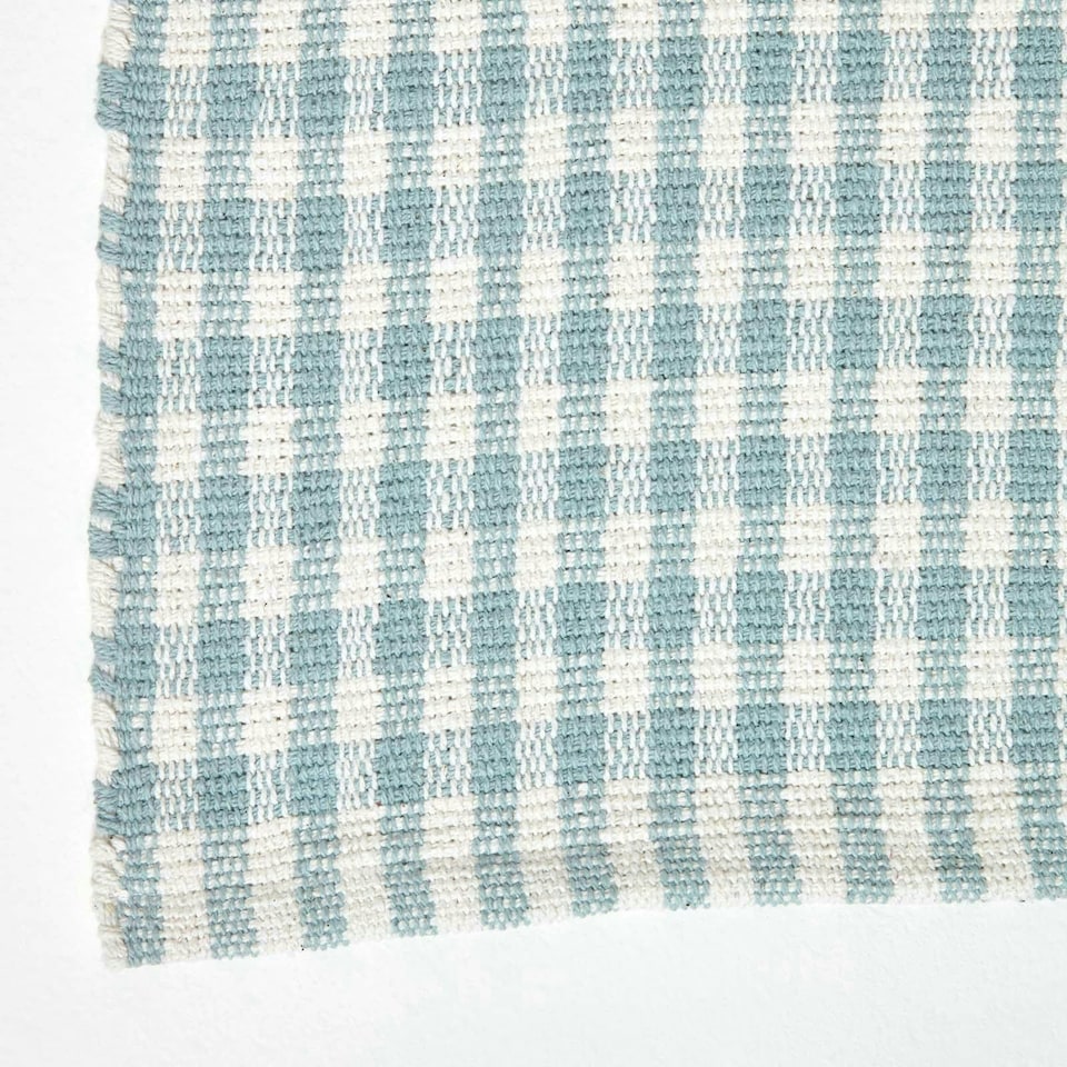 image 1 of Homescapes Cotton Gingham Check Rug Hand Woven Blue White - 70 x 120 cm | Blue | Blue