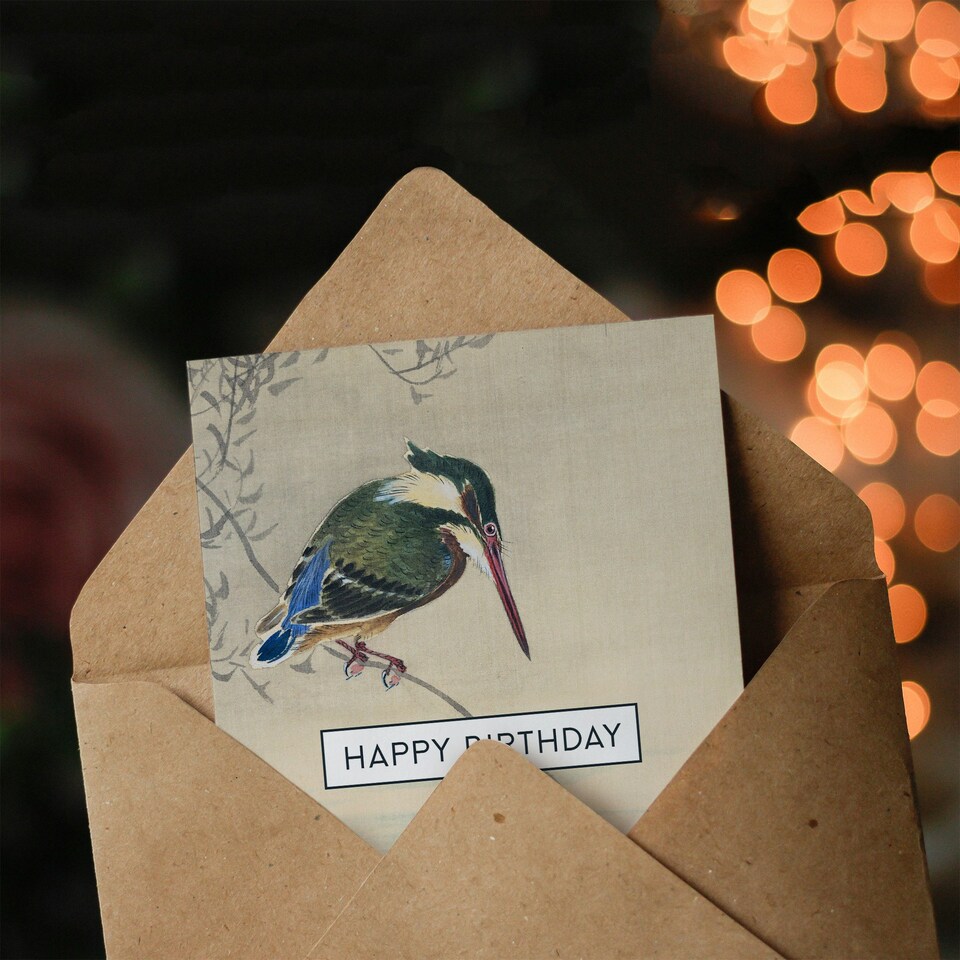 image 1 of Happy Birthday Ohara Koson Japanese Kingfisher Bird Birthday Card