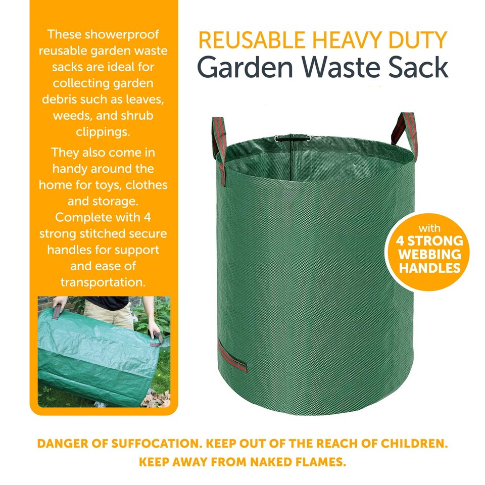 image 1 of KAV Heavy Duty Garden Waste Bags - Large Garden Bag with Handles - Waterproof Rubbish Refuse Sacks - Pack of 3 (Green - 100L)