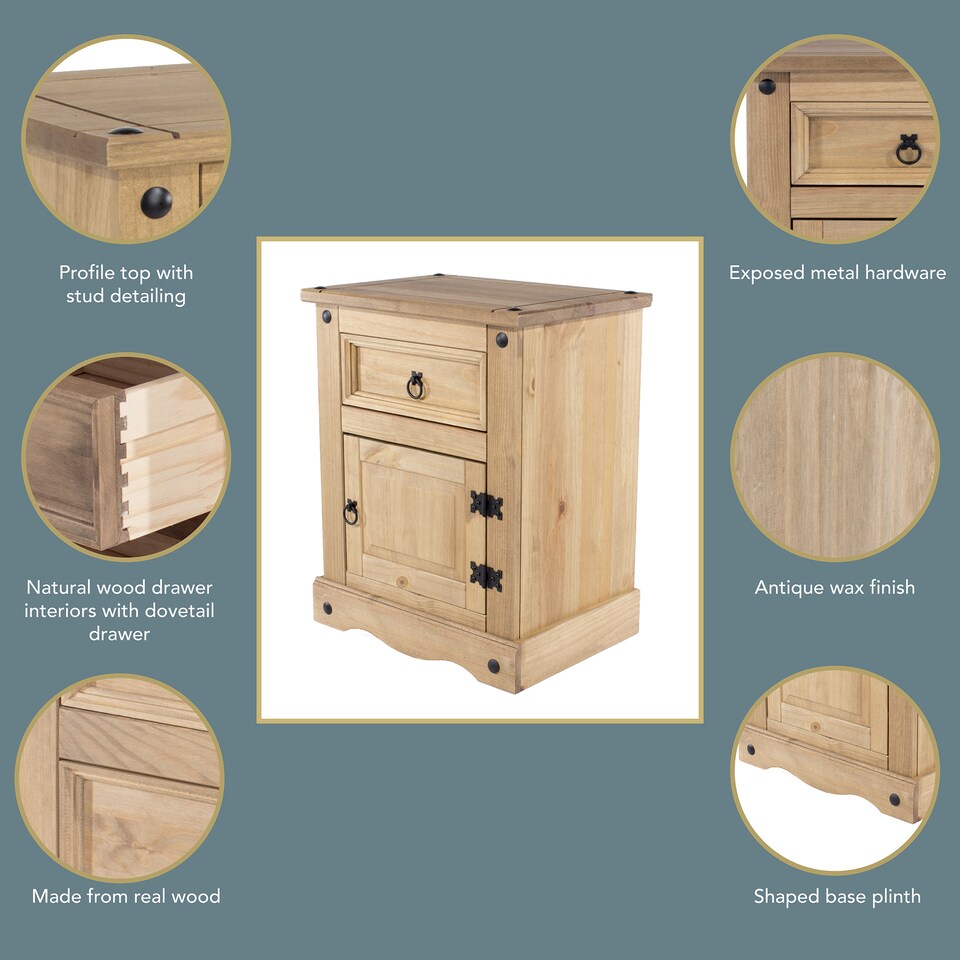 image 1 of Corona Premium Bedside Cabinet - Mexican Pine Design with Dovetail Drawer and Metal Hardware | Brown | Antique Waxed Pine | One Size | 1