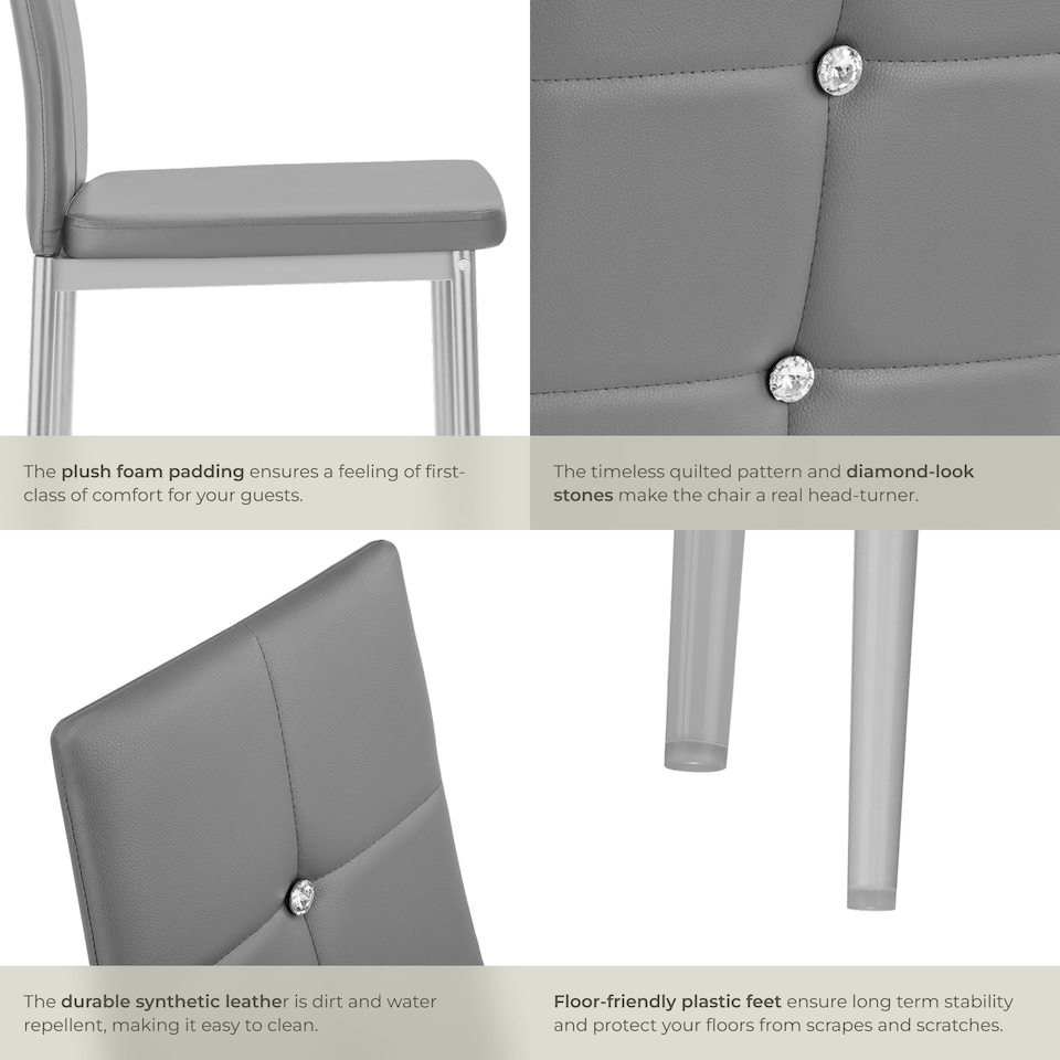 image 1 of Dining Chair Set - high backrest, slim steel legs & rhinestone highlights - Set of 8 Grey