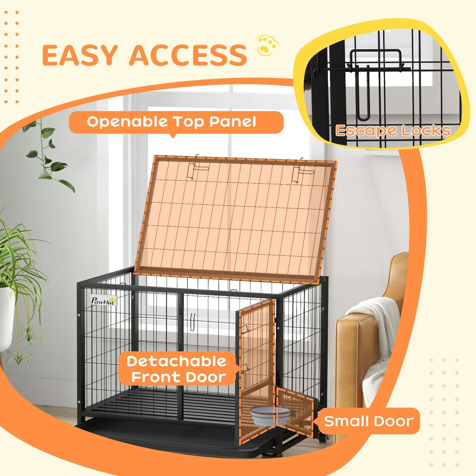 image 1 of PawHut 36" Heavy Duty Dog Crate on Wheels w/ Bowl Holder, Removable Tray