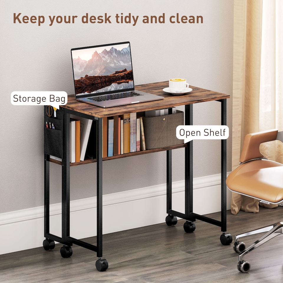 image 1 of HOMCOM Folding Desk with Storage Shelf and Bag, 80 cm Foldable Computer Desk for Small Spaces, Space Saving Writing Table on Wheels for Home Office, Bedroom, Easy Assembly, Rustic Brown | Brown