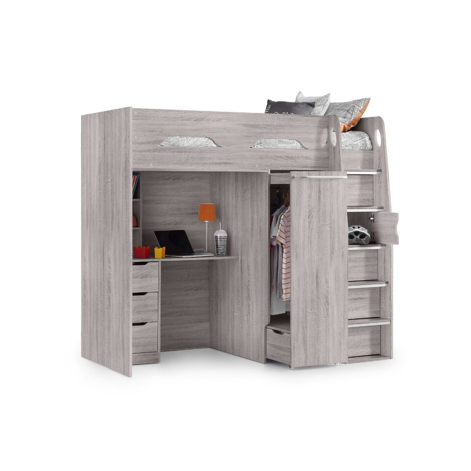 image 1 of Pegasus 90cm Single Grey Oak Effect Highsleeper Loft Bed with Desk