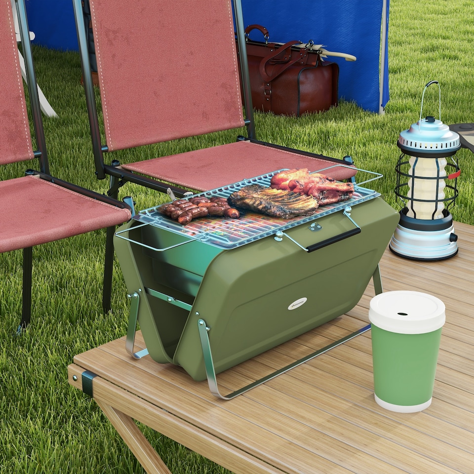 image 1 of Outsunny Portable BBQ Grill with Suitcase Design for Camping Picnic Party, Green