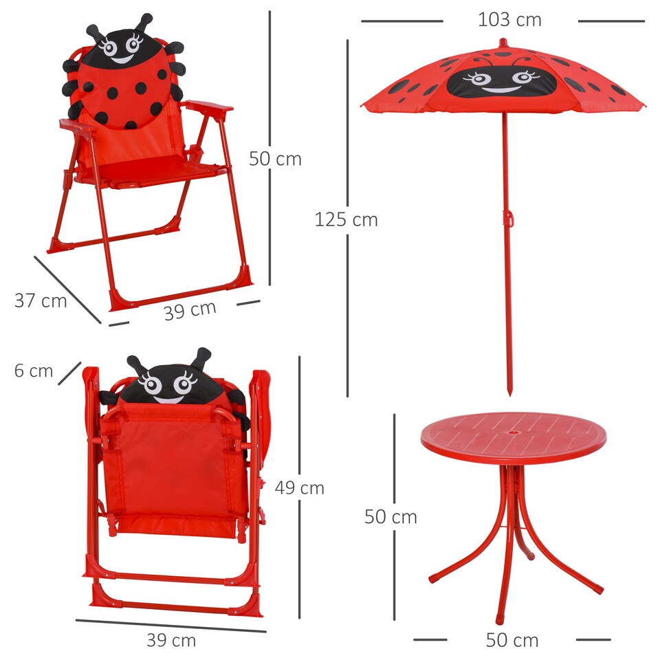 image 1 of Outsunny Kids Folding Picnic Table Chair Set Ladybug Pattern Outdoor w/ Parasol | Red | Red