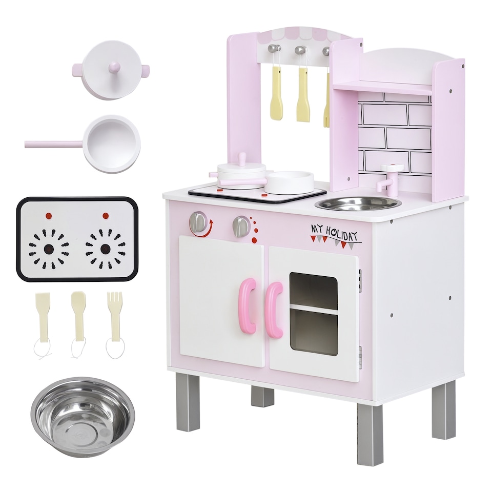 image 1 of HOMCOM Kids Kitchen Play Set Wooden Pretend Play Toy with Sounds Utensils Pans Storage Child Role Play Accessories for 3 Years Plus Pink