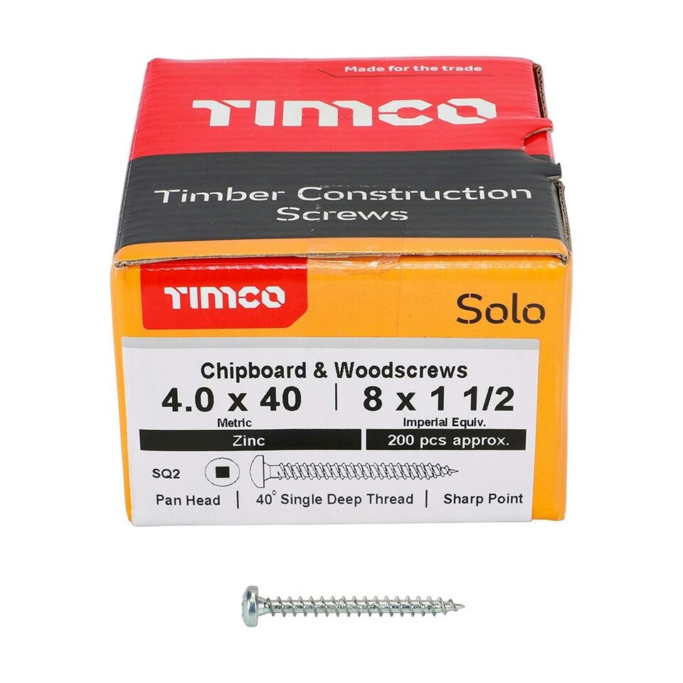 image 1 of Timco - Solo Chipboard & Woodscrews - SQ - Pan - Zinc (Size 4.0 x 40 - 200 Pieces)