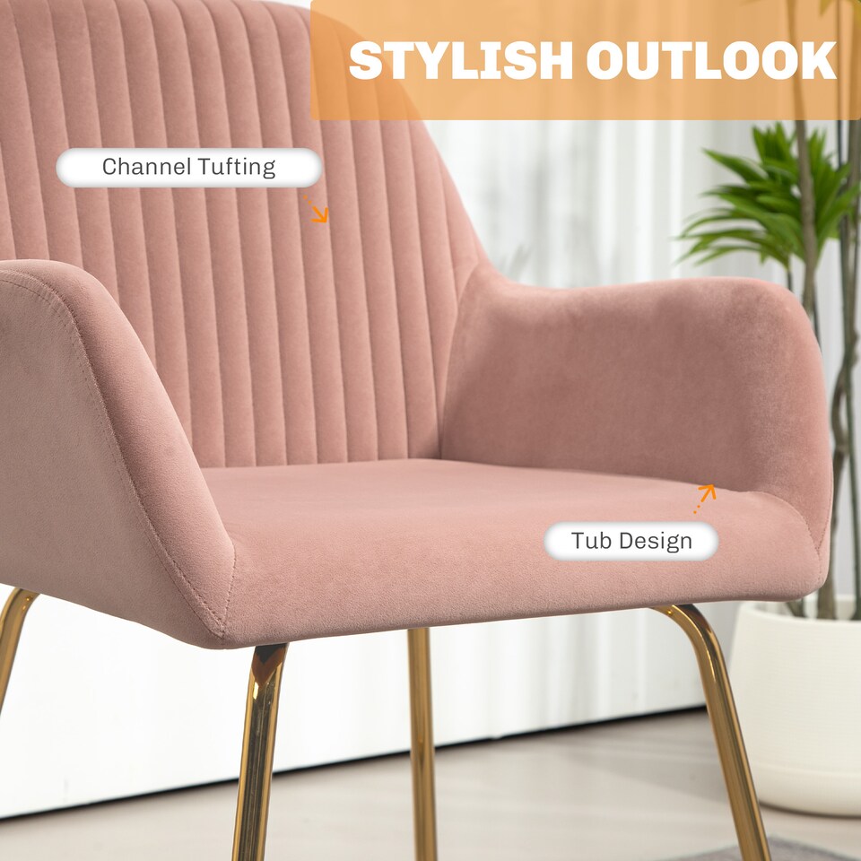 image 1 of HOMCOM Modern Accent Chair, Velvet-Touch Fabric Upholstered Armchair with Metal Base for Living Room, Bedroom and Dinning Room, Pink