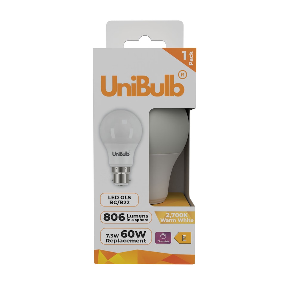 image 1 of UniBulb LED GLS B22 806lm 7.3W 2700K (Warm White) Dimmable Light Bulb - Pack of 1