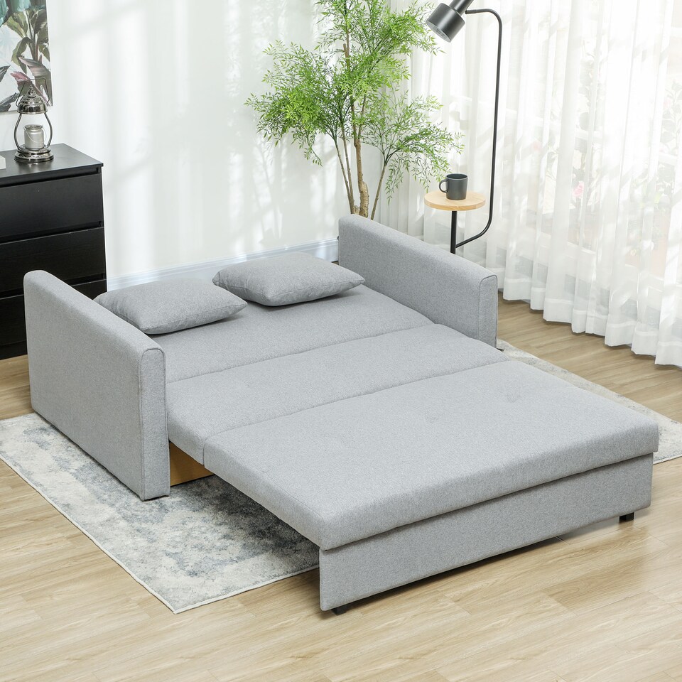 image 1 of HOMCOM 2 Seater Sofa Bed with Hidden Storage, Pull Out Convertible Bed Settee, Modern Linen Loveseat Sofa Sleeper with 2 Cushions for Living Room, Guest Room, Light Grey | Grey | Grey | One Size