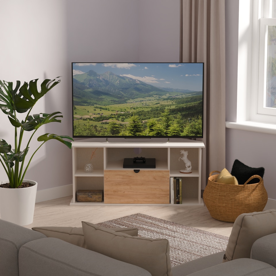 image 1 of Norway Corner TV Stand in Gold Craft & Kashmir (Ready Assembled) | Brown | Gold Craft & Kashmir | 1