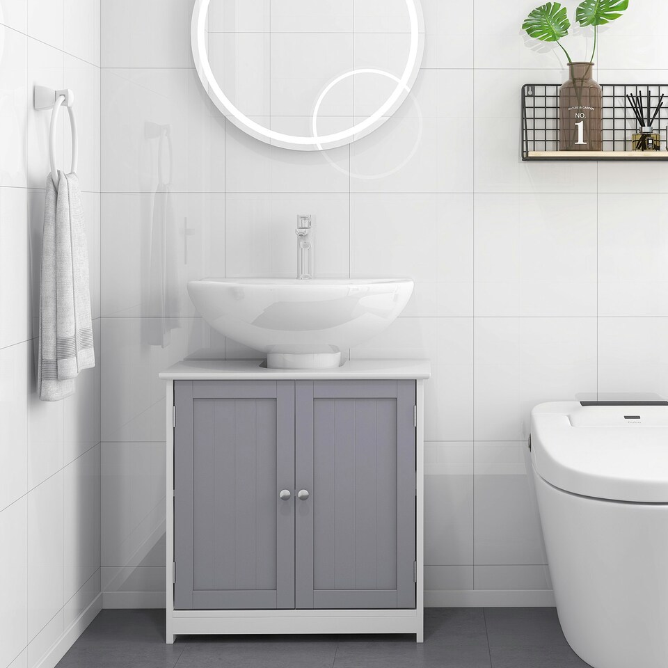 image 1 of kleankin 60x60cm Under-Sink Storage Cabinet w/ Adjustable Shelf Grey White White | White, Grey