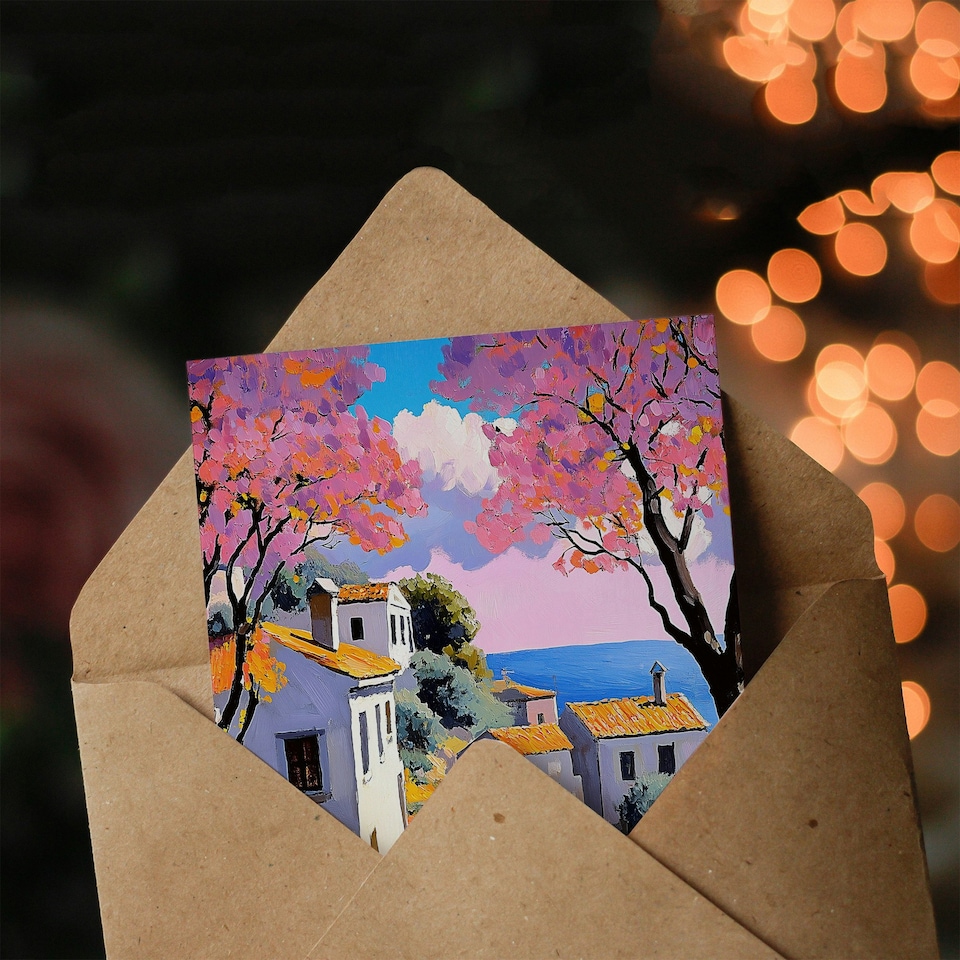image 1 of French Coastal Village With Cherry Blossoms Trees Birthday Greeting Card