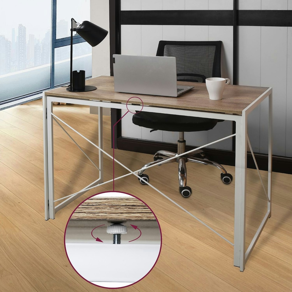 image 1 of Folding Desk Computer White Frame Rustic Wood Foldable Study Table Laptop Office Space White