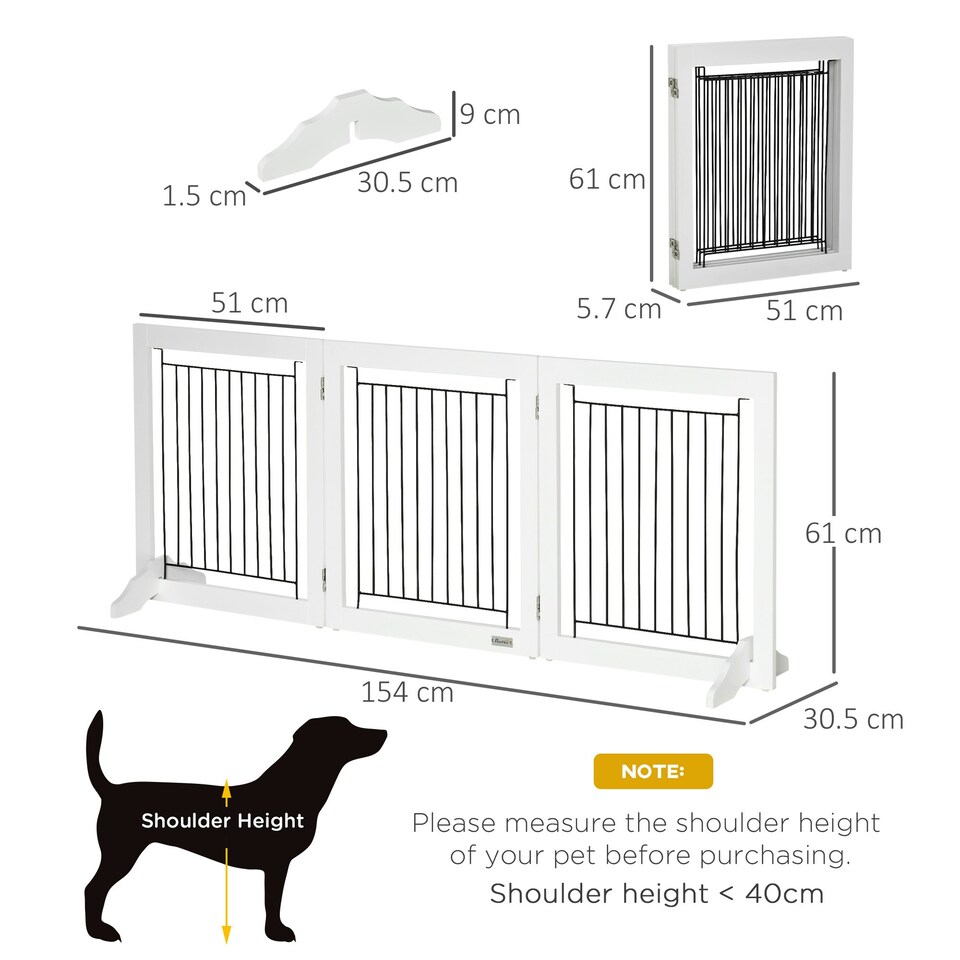 image 1 of PawHut Foldable Wooden Pet Gate w/ 3 Panels 2 Support Feet for Small Dogs White