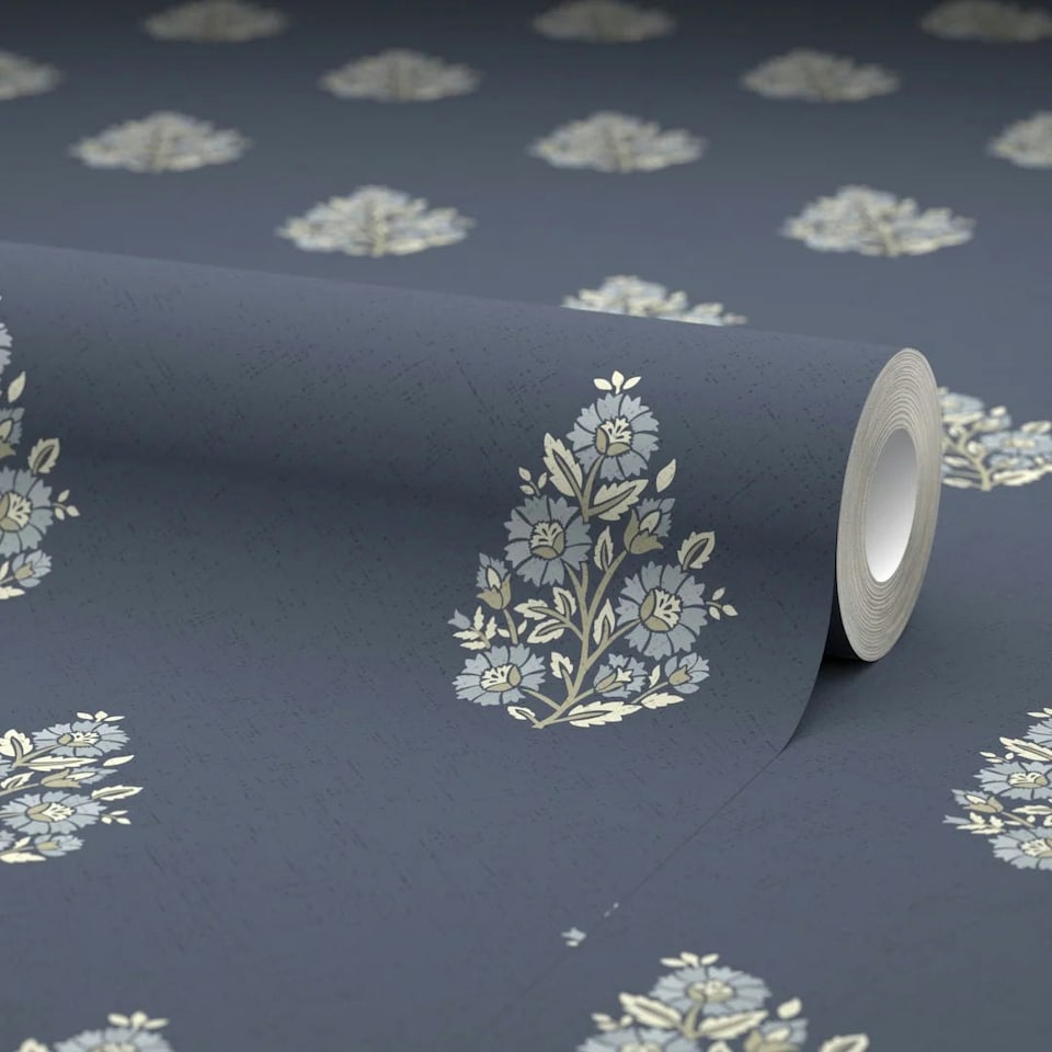 image 1 of Posy Wallpaper in Cream on Navy Multi