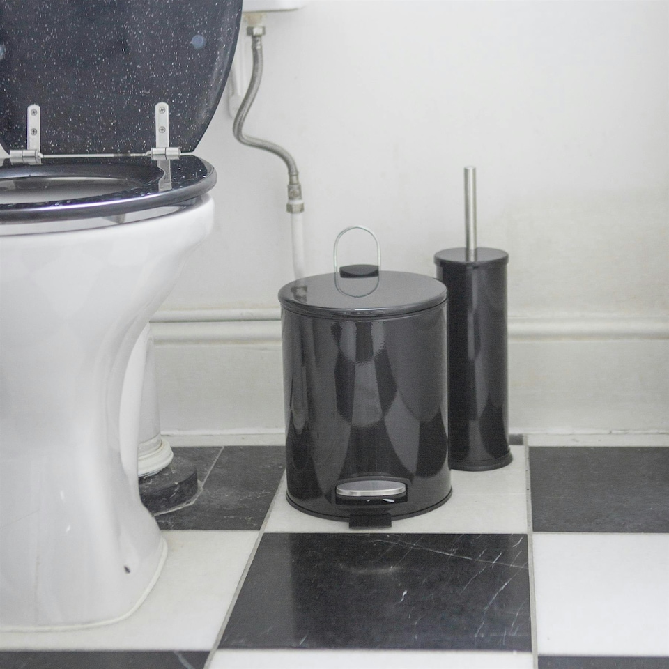 image 1 of Harbour Housewares 2pc Round Stainless Steel Pedal Bin & Toilet Brush Set - 5L - Black