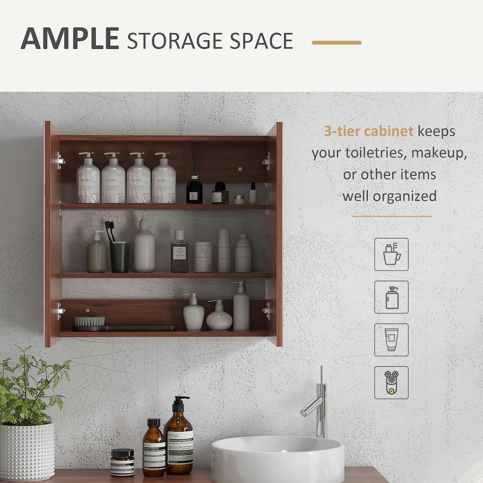 image 1 of kleankin 63Wx60H cm Double Door Wall-Mount Bathroom Mirrored Cabinet Medicine