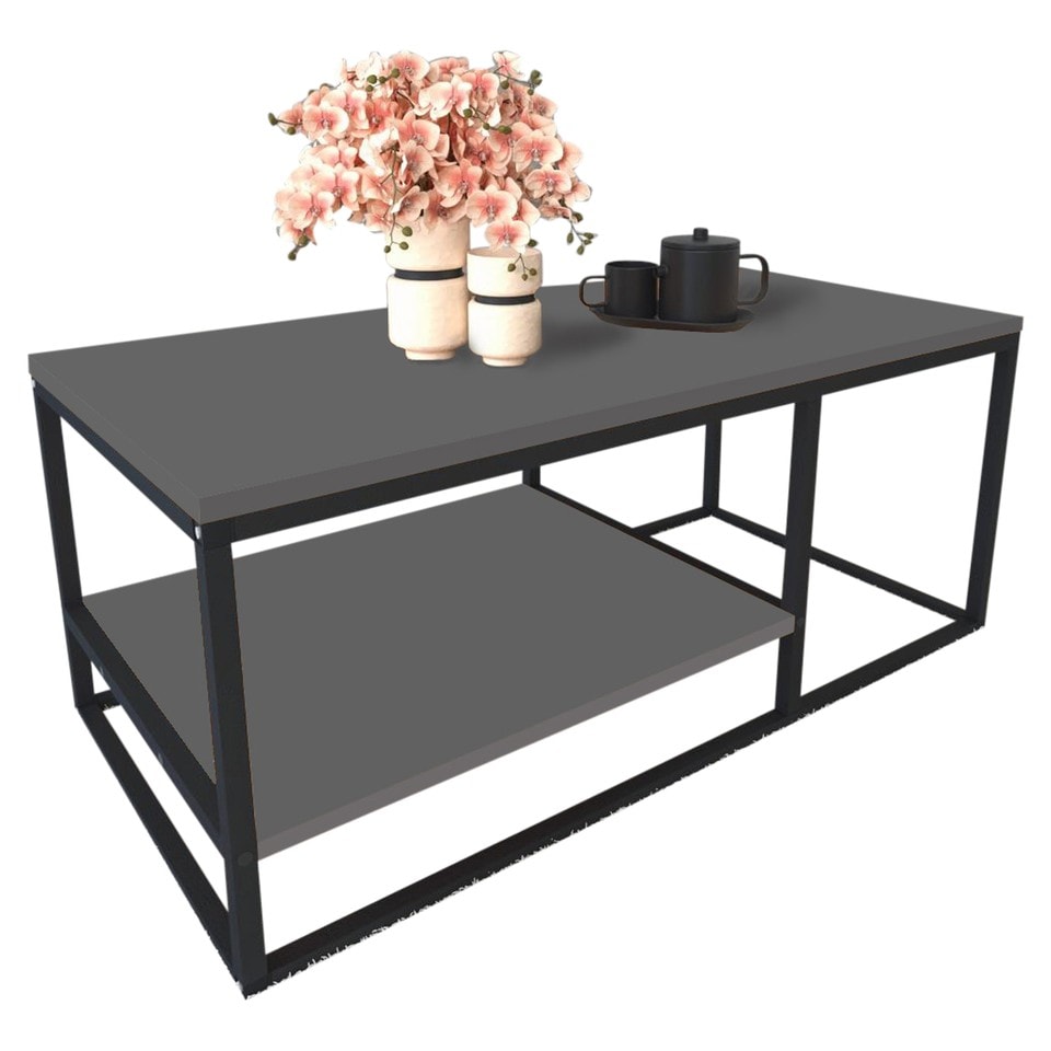 image 1 of 2-Shelf Wooden Rectangle Coffee & Side Table With Metal Frame Living Room Decor | Multi | Anthracite