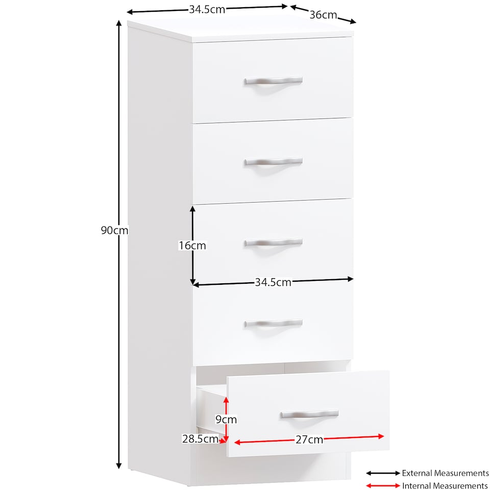 image 1 of Vida Designs Riano 5 Drawer Narrow Chest of Drawers Bedroom Storage, White