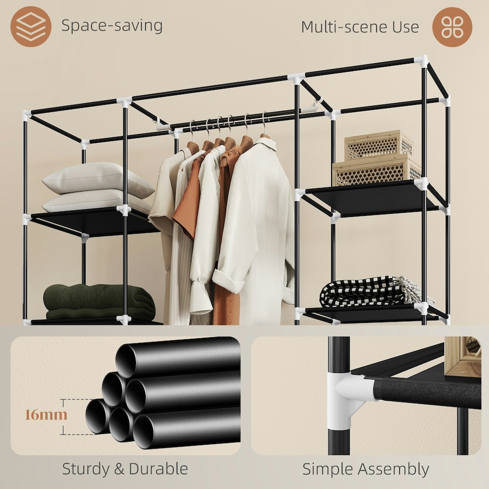 image 1 of HOMCOM Fabric Wardrobe with 10 Shelves 1 Hanging Rail Foldable Closets Black