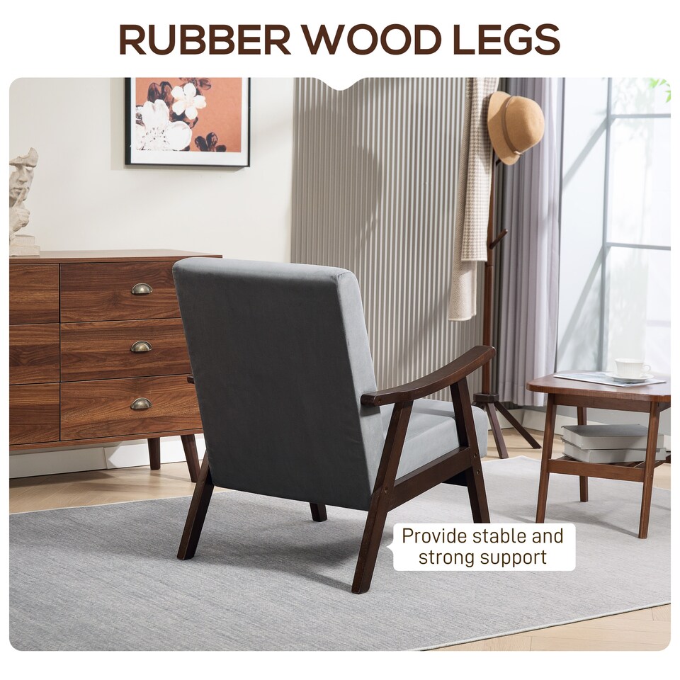 image 1 of HOMCOM Nordic Accent Chair, Upholstered Velvet Armchair with Solid Wood Frame and Soft Thick Padded for Living Room, Bedroom, Grey | Grey | Grey